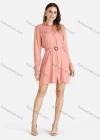 Wholesale Women's Collared Flap Pockets Button Front Long Sleeve Short Dress With Belt - Liuhuamall