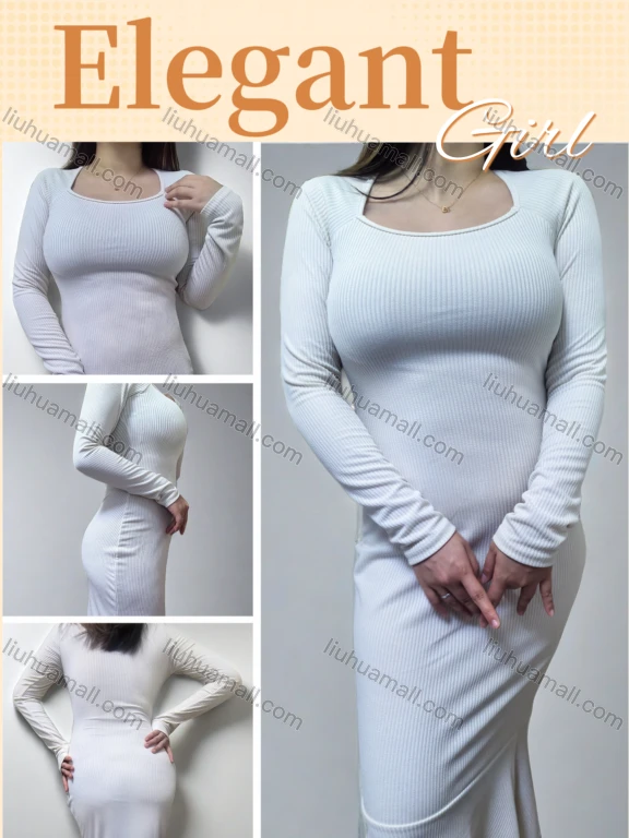 Wholesale Women's Plain Square Neck Ribbed Long Sleeve Mermaid Hem Dress 5011#