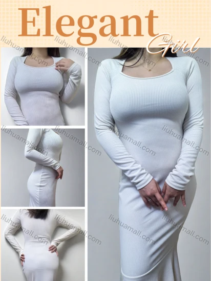 Wholesale Women's Plain Square Neck Ribbed Long Sleeve Mermaid Hem Dress 5011#