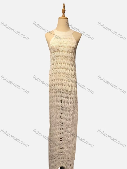 Wholesale Women's Beach Vacation Hollow Out Semi-Sheer Plain Coverup Halter Maxi Dress #x40