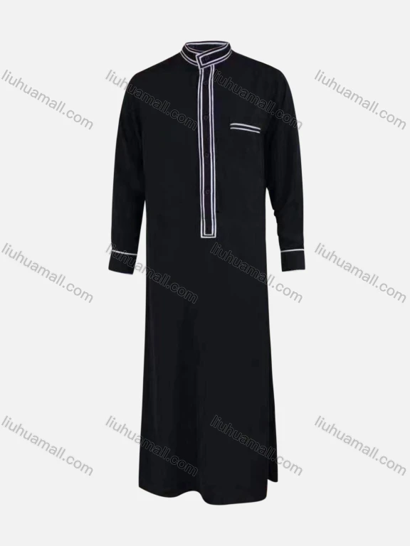 Wholesale Men's Stand Collar Contrast Patch Pocket Jubba Middle East Ramadan Formal Muslim Arabic Robe