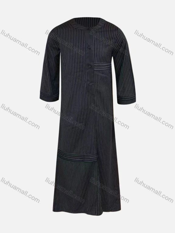 Wholesale Men's Modest Round Neck 3/4 Sleeve Striped Print Button Front Middle East Ramadan Muslim Arabic Robe