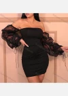 Wholesale Women's Plain Off Shoulder Mesh Sleeve Lace Up Bodycon Short Dress - Liuhuamall