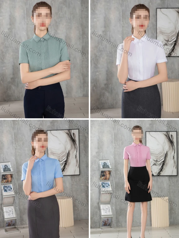 Wholesale Women's Business Formal Slim Fit Short Sleeve Pleated Front Blouse
