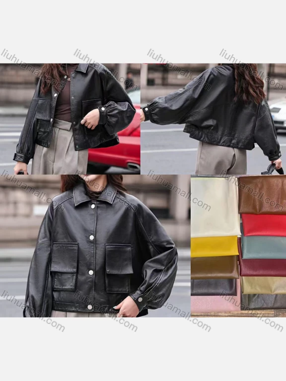 Wholesale Women's Casual Collared Long Sleeve Flap Pockets Leather Jacket