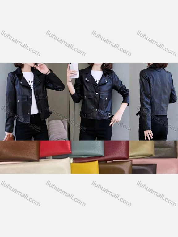 Wholesale Women's Casual Lapel Long Sleeve Flap Pockets Leather Jacket