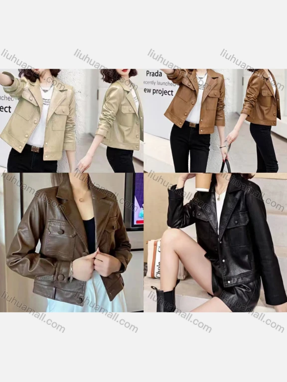 Wholesale Women's Casual Lapel Long Sleeve Flap Pockets Leather Jacket