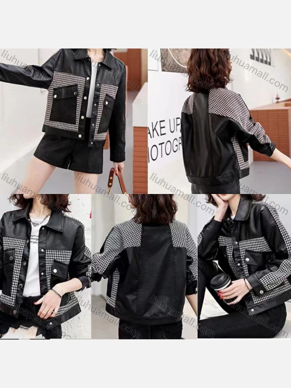 Wholesale Women's Casual Collared Long Sleeve Flap Pockets Leather Jacket