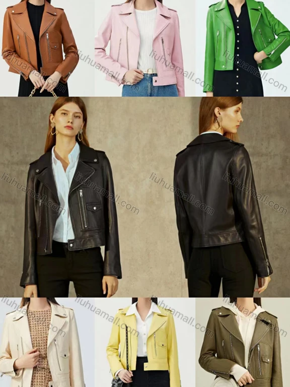 Wholesale Women's Casual Lapel Long Sleeve Zipper Pockets Leather Jacket