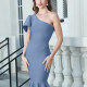 Women's Elegant One Shoulder Ruffle Marmaid Hem Midi Evening Dress T242# Clothing Wholesale Market -LIUHUA