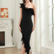 Women's Casual One Shoulder Feather Trim Midi Dress Black Clothing Wholesale Market -LIUHUA
