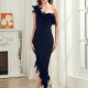 Women's Casual One Shoulder Feather Trim Midi Dress T2546# Clothing Wholesale Market -LIUHUA