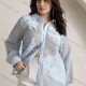 Wholesale Women's Plus Size Sheer Floral Embroidered Button-Up Shirt with Long Sleeves Light Blue Clothing Wholesale Market Liuhua