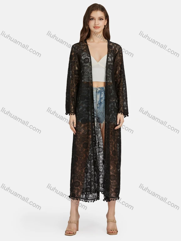 Wholesale Women's Plain Guipure Lace Mesh Long Sleeve Open Front Long Cardigan Cover Up ST91187#