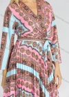 Wholesale Women's Casual Long Sleeve V Neck Folk Art Lace Up Pleated Wrap Dress - Liuhuamall