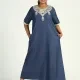 Women's Plus Size 3/4 Sleeve Round Neck Embroidery Denim Kaftan Maxi Dress Blue Clothing Wholesale Market -LIUHUA