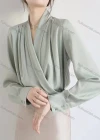 Wholesale Women's Casual Long Sleeve Wrap V Neck Ruched Plain Blouse - Liuhuamall