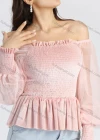 Wholesale Women's Off Shoulder Ruffled Trim Splicing Lantern Sleeve Shirred Plain Blouse - Liuhuamall