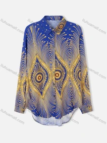 Wholesale Women's Plus Size Fashion Long Sleeve Button Down Peacock Feather Shirt, LIUHUA CLOTHING WHOLESALE