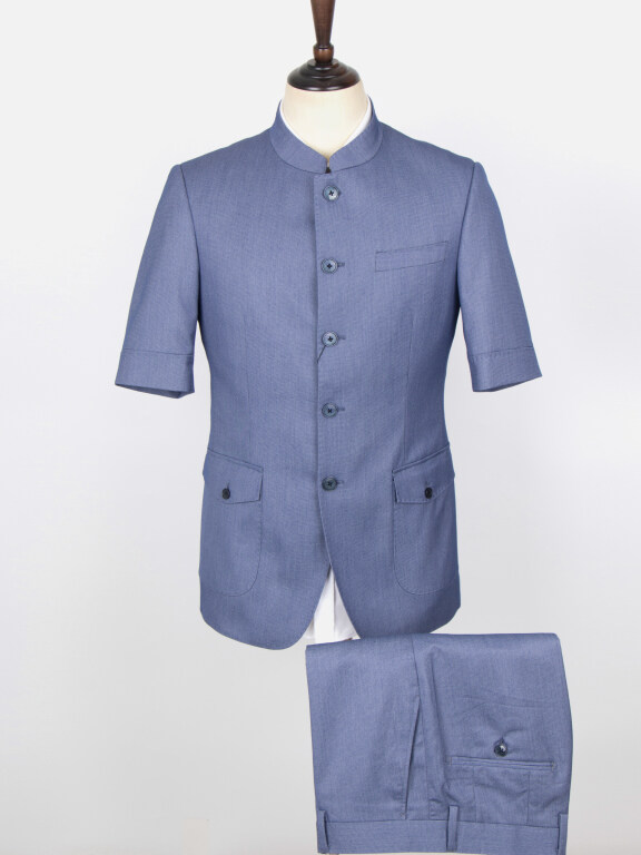 Men's Plain Button Down Stand Collar Flap Pockets Short Sleeve Chinese Tunic Suit & Pants 2-Piece Sets BV220304#, Clothing Wholesale Market -LIUHUA, MEN, Sets