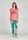 Wholesale Women's Letter Floral Print Ruffle Trim Milk Silk Top Pajamas Lounge 2 Piece Set 2321# - Liuhuamall