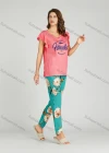 Wholesale Women's Letter Floral Print Ruffle Trim Milk Silk Top Pajamas Lounge 2 Piece Set 2321# - Liuhuamall