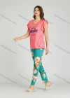 Wholesale Women's Letter Floral Print Ruffle Trim Milk Silk Top Pajamas Lounge 2 Piece Set 2321# - Liuhuamall