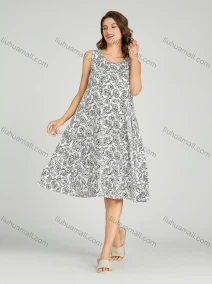 Wholesale Women's Allover Floral Print Scoop Neck Milk Silk Lounge Midi Sleeveless Night Dress 01#, LIUHUA CLOTHING WHOLESALE