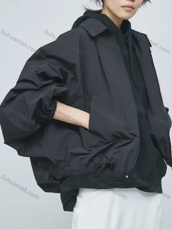 Wholesale Women's Casual Plain Batwing Sleeve Patch Pocket Drawstring Zip Up Jacket