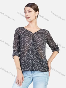 Wholesale Women's Ditsy Floral V Neck Cuffed Sleeve Keyhole Transparent Blouse, LIUHUA CLOTHING WHOLESALE