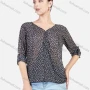 Wholesale Women's Ditsy Floral V Neck Cuffed Sleeve Keyhole Transparent Blouse preview