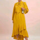 Women's Casual Tie Neck Long Sleeve Peplum Plain Ruffle Hem Dress Yellow Clothing Wholesale Market -LIUHUA