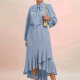 Women's Casual Tie Neck Long Sleeve Peplum Plain Ruffle Hem Dress 7# Clothing Wholesale Market -LIUHUA