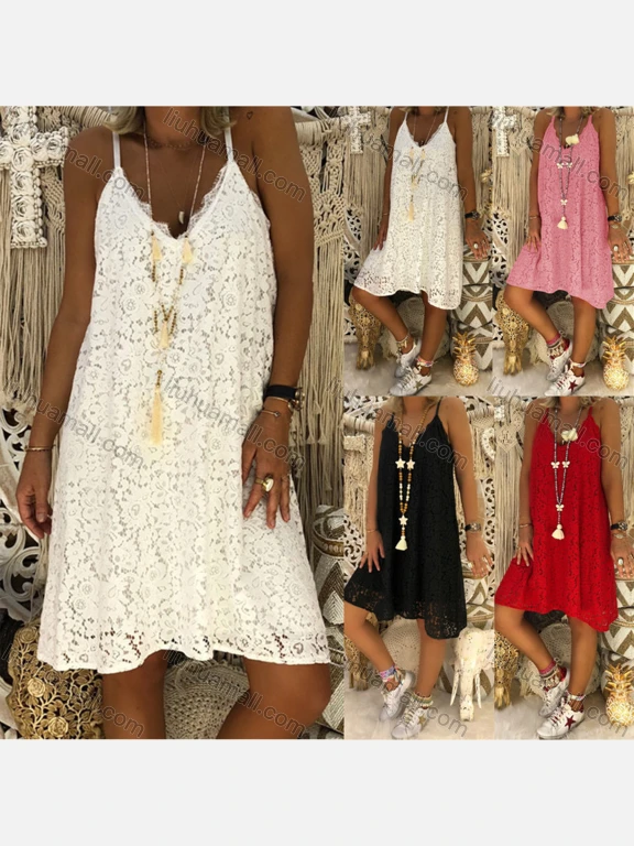 Wholesale Woman's Summer Casual Plain Lace Trim Guipure Lace Cami Short Dress