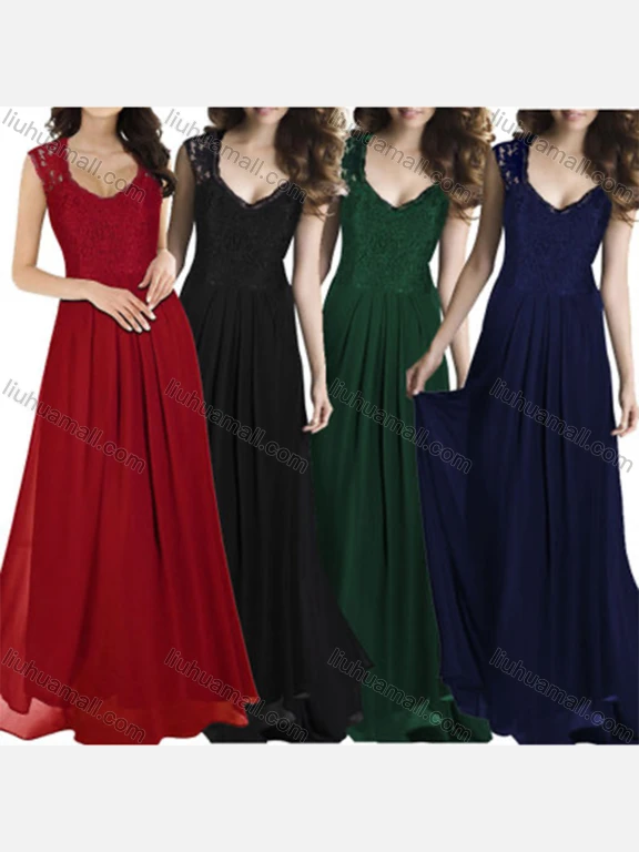 Wholesale Women's Elegant Plain Pleated Splicing Lace Trim High Waist Maxi Tank Evening Dress