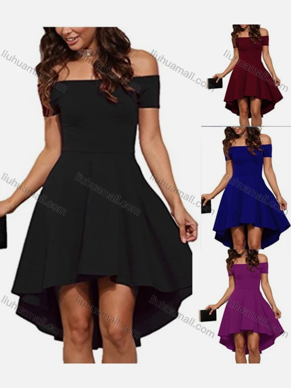 Wholesale Women's Elegant Plain Off Shoulder Short Sleeve High Low Hem High Waist Short Dress