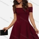 Wholesale Women's Elegant Plain Off Shoulder Short Sleeve High Low Hem High Waist Short Dress Wine Guangzhou Clothing Wholesale Market & Suppliers -LIUHUAMALL