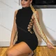 Wholesale Woman's Trendy Plain Plaid Texture High Neck Lace Up Slim Fit Tank Mini Dress Black Clothing Wholesale Market Liuhua