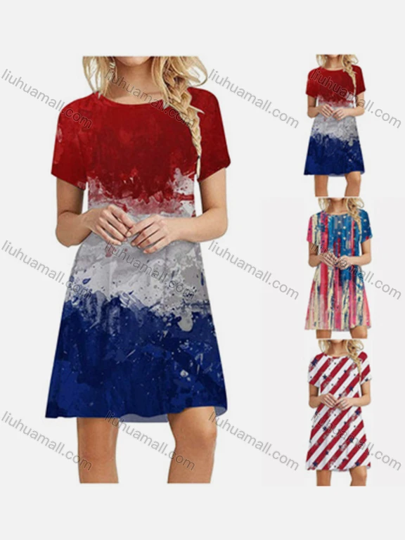 Wholesale Women's Trendy Crew Neck Allover Print Graffiti Short Sleeve Short Dress