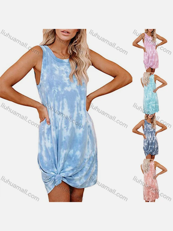 Wholesale Woman's Casual Tie Dye Crew Neck Ruched Twist Tank Short Dress