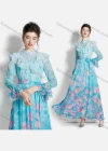 Wholesale Women's Elegant Stand Collar Ruffle Cuff Floral Maxi A-line Dress 3652# - Liuhuamall