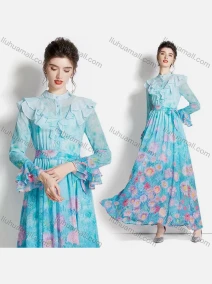 Wholesale Women's Elegant Stand Collar Ruffle Cuff Floral Maxi A-line Dress 3652#, LIUHUA CLOTHING WHOLESALE