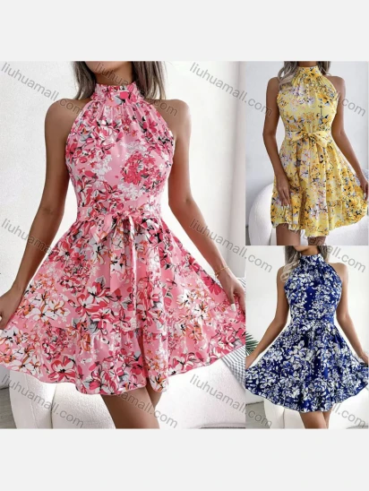 Wholesale Women's Elegant Floral High Waist Ruched Ruffle Hem Halter Short Dress With Belt