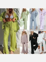 Wholesale Women's Elegant Plain Pleated Button Down Drawstring Long Sleeve Shirt & Split Side Pant 2 Piece Sets, LIUHUA CLOTHING WHOLESALE