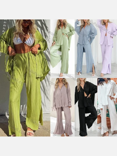 Wholesale Women's Elegant Plain Pleated Button Down Drawstring Long Sleeve Shirt & Split Side Pant 2 Piece Sets