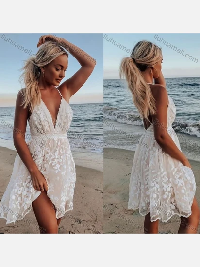 Wholesale Women's Vacation Beach Deep V Neck Floral Embroidery Mesh Lace Backless Short Cami Dress