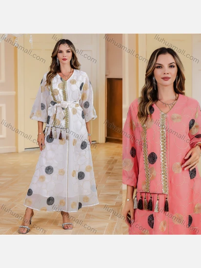 Wholesale Women's Elegant Polka Dot Circle Print Sequin Tassel 3/4 Sleeve V Neck Abaya Maxi Dress