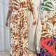 Wholesale Women's Casual Leaf Print Notched Neck Short Sleeve Ruched Woven Jumpsuit CD008# Brown Clothing Wholesale Market Liuhua