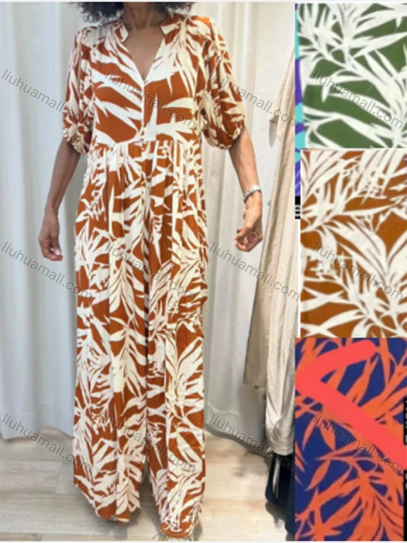 Wholesale Women's Casual Leaf Print Notched Neck Short Sleeve Ruched Woven Jumpsuit CD008#