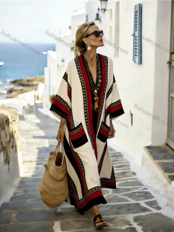 Wholesale Bohemian Style 3D Printed Kaftan Cardigan Long Dress, Y2K Fashion Women Casual Beach Vacation Outfit